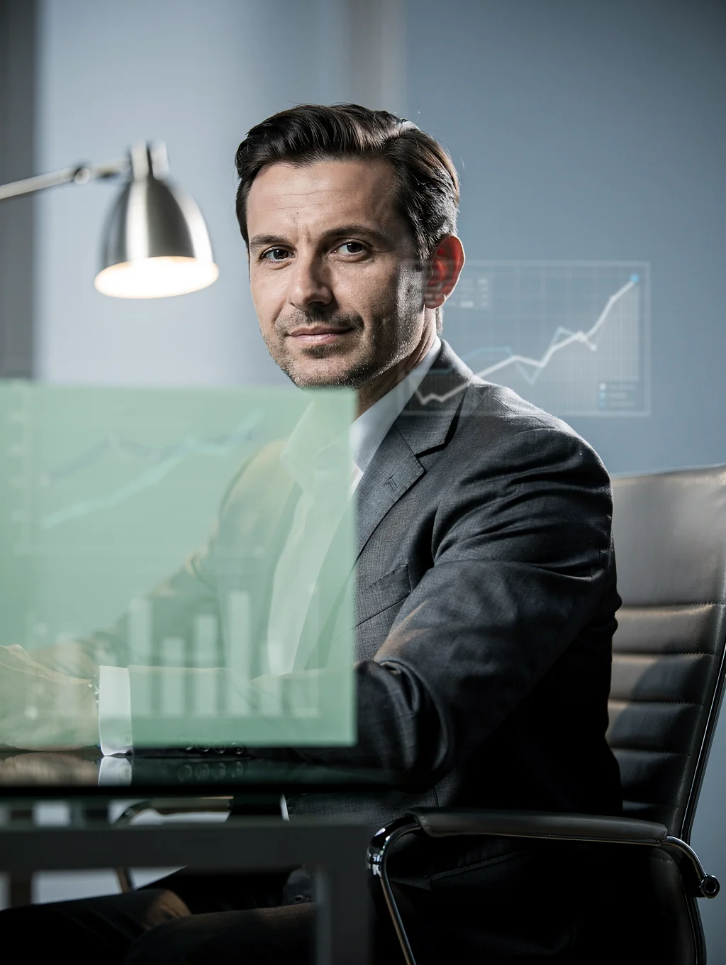 Managing partner of Apex Wealth Group in modern executive office