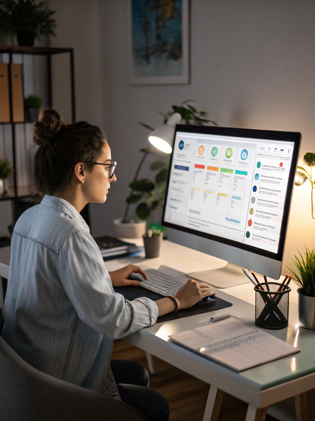 Professional virtual assistant reviewing dashboard metrics on tablet